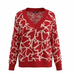 Madden NYC Women Sweater NWT Size XS Red White Heart Print Relaxed Fit V-Neck